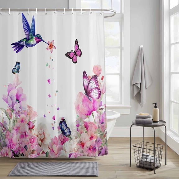 Bathroom Shower Curtain Spring Hummingbird Butterfly Waterproof Shower Curtains with Hooks, Pastoral Pink Flower Bath Curtains Bathtub Curtain Home Decor 36x72in