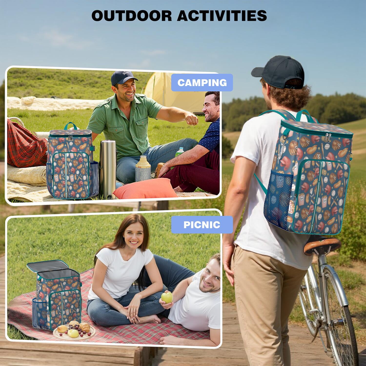 Travel Cooler Bag - Blue Baseball Stadium Pattern Camping Beer Cooler Backpack with Bottle Opener- Waterproof Insulated Picnic Backpacks - Cooler Bag for Beach