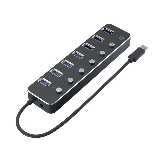 7-Port USB 3.0 Hub with Aluminum Alloy Housing, Independent Power Button, Blue LED Indicator, 1.2 m Cable, 5 Gbps Data Transfer Speed