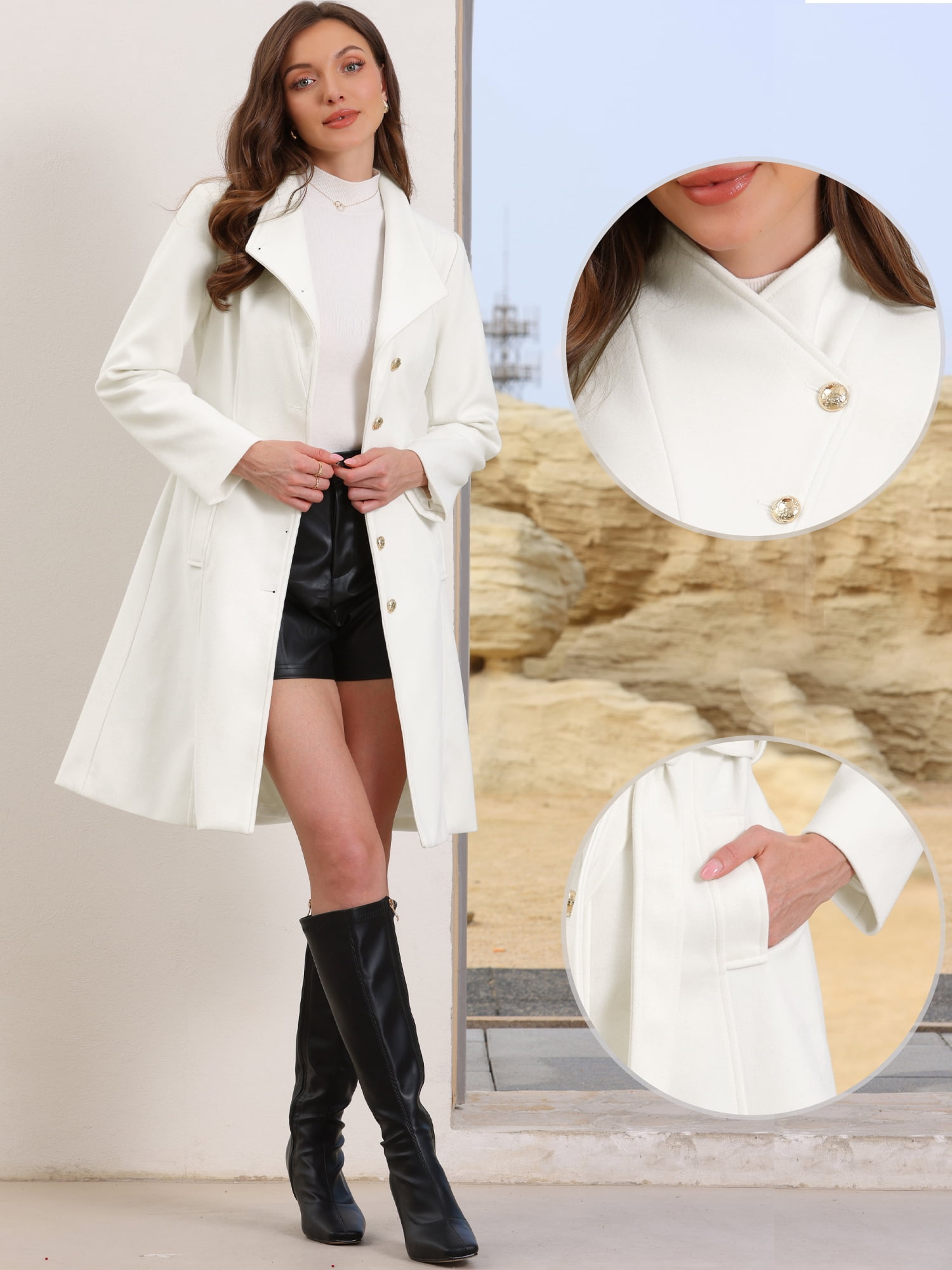 DARING DIVA Women's Stand Collar Belted Single Breasted Trench Pea Coat M White