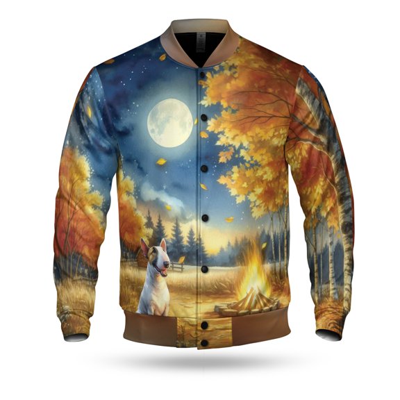 Hello Fall Bull Terrier Enjoys Warm Campfire Autumn Night Bright Moon All Over Print 3D Baseball Jacket Bully Dog Lovers Gifts Idea Bomber Jacket Softball - 01008