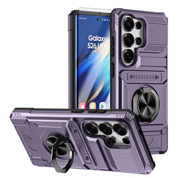 New Phone Case With Tempered Glass Film For Samsung Galaxy S26 Ultra, Rugged Shockproof Ring Holder Kickstand Card Slot Cover, Violet