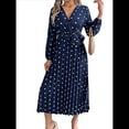 thumbnail image 3 of Vestido Plisado de Larga con Cuello en V y Lunares para Mujer, Informal, Holgado y con Cinturón Azul Marino M, 3 of 10