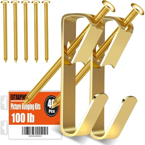 Picture Hanging Hooks,40Pcs 100 lb Picture Hangers with Nails,Heavy Picture Hanging Kit for Drywall Wooden Wall,Hooks for Hanging Pictures for Canvas Office Pictures House Decoration(Gold)