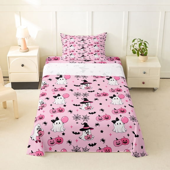 Manfei Gothic Halloween Twin Sheets,Girls Friendly Print Bedding,Pink,3pcs,1 Fitted Sheet and 1 Pillowcase