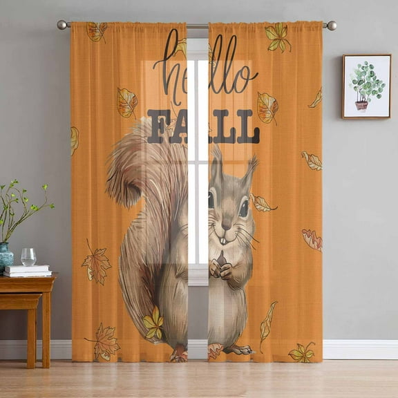 Orange Squirrel Hello Fall Sheer Curtains 72 Inches Long 2 Panels Set, Window Sheer Curtains for Living Room/Bedroom, Maple Leaf Thanksgiving Light Filtering Rod Pocket Curtain 52'' x 72'' x 2