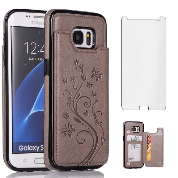 Asuwish Compatible with Samsung Galaxy S7 Edge Wallet Phone Case Tempered Glass Screen Protector and Flower PU Leather Credit Card Holder Stand Cell Cover for S7edge S 7 GS7 7s 7edge Women Men Grey