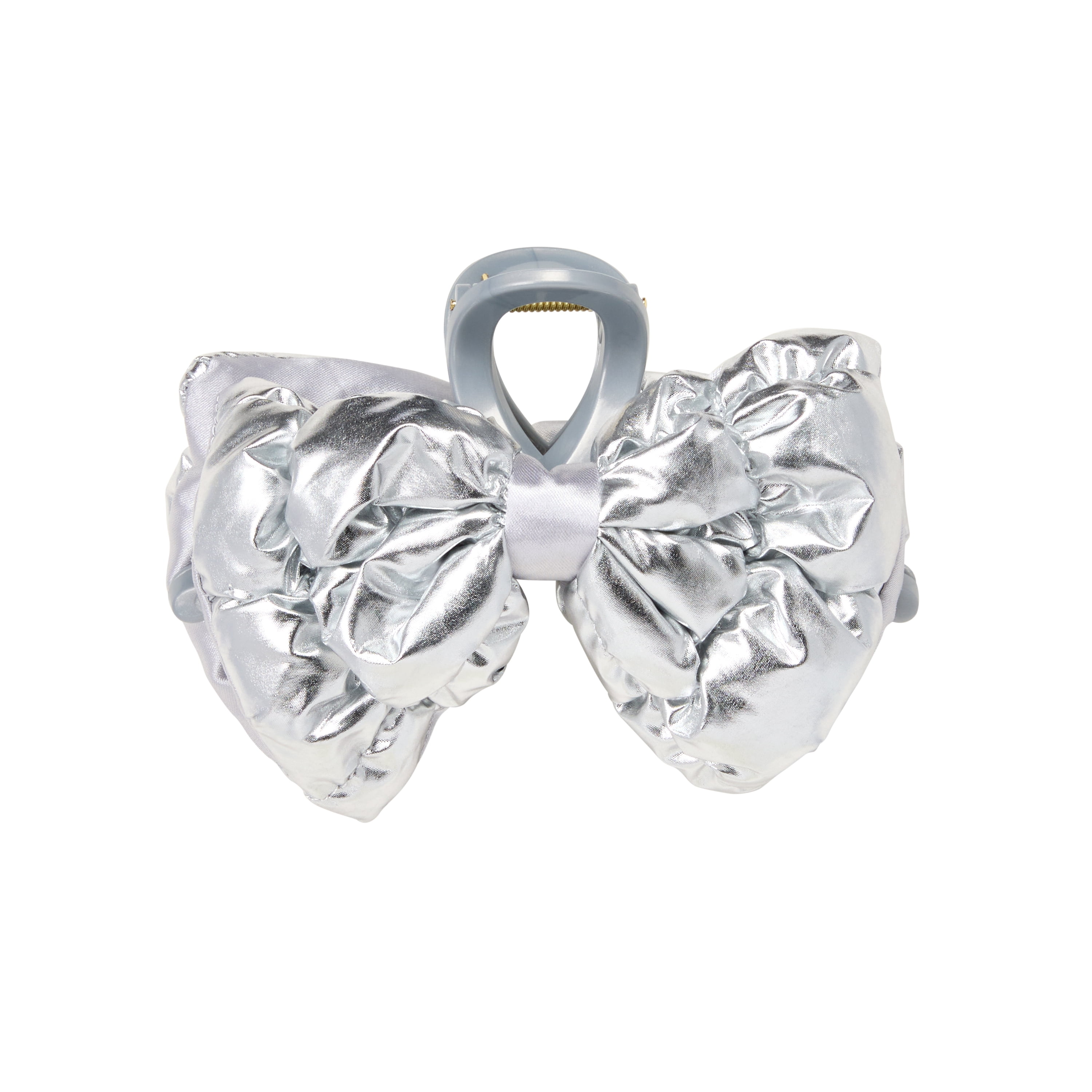 Goody Luxe Puffer Bow, Shimmery Silver, Quilted SlideProof Hair Claw Clip