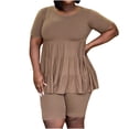 thumbnail image 1 of Conjunto de pantalones informales con parte superior plisada y cuello redondo de Color liso de manga corta de Color liso a la moda de verano para mujer Wmkox8yi  bvn1374, 1 of 4
