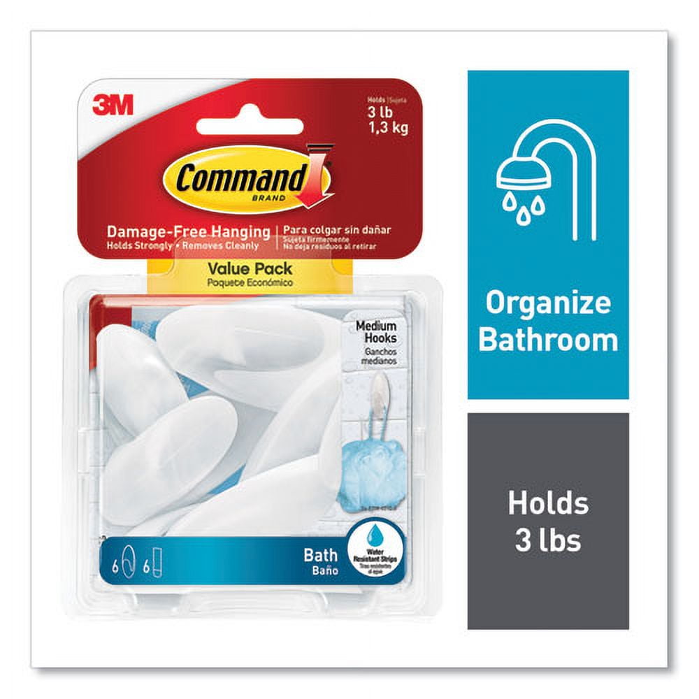 Medium Bath Hooks Value Pack, Plastic, White, 3 Lb Capacity, 6 Hooks And 6 Strips | Bundle of 5 Each