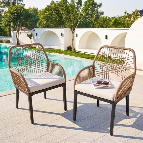 Nuu Garden Patio Dining Chair Set of 2, Outdoor Dining Furniture Set with Zippered Beige Cushions and Double-Layer Handwoven Twisted Rattan Backrest, All-Weather Dining Set, Brown