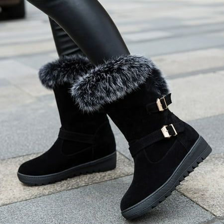 

TALKVE Suede Boots Fashion Warm Women s Fleece Furry Heel Belt Wedge Plus Winter Cotton Boots Buckle women s boots