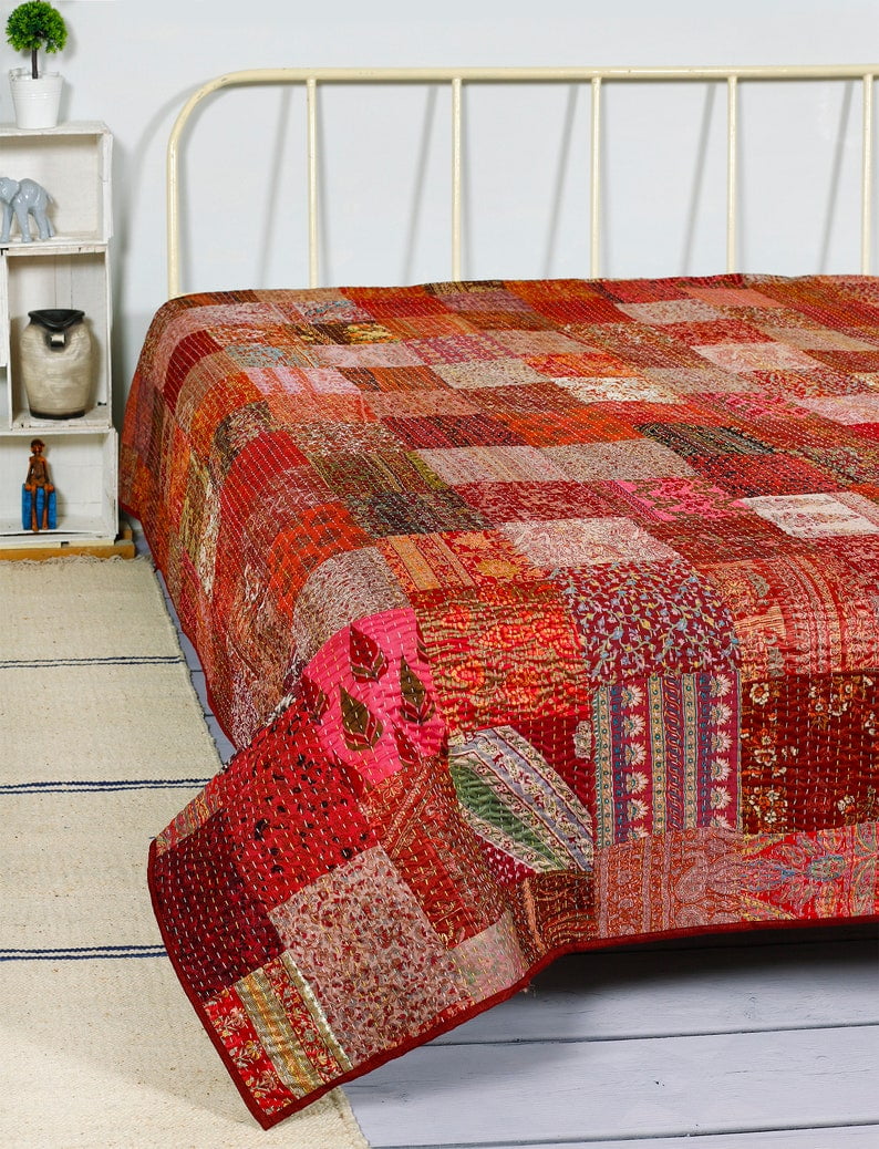 Silk Patola Handmade Kantha Quilt Bed Cover 90x108" Throw Indian Spread Blankets 