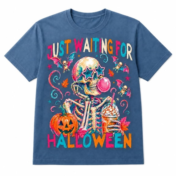 Just Waiting for Halloween Graphic T-Shirt, Skeleton Pumpkin Coffee Design Tee, Colorful Spooky Season Shirt