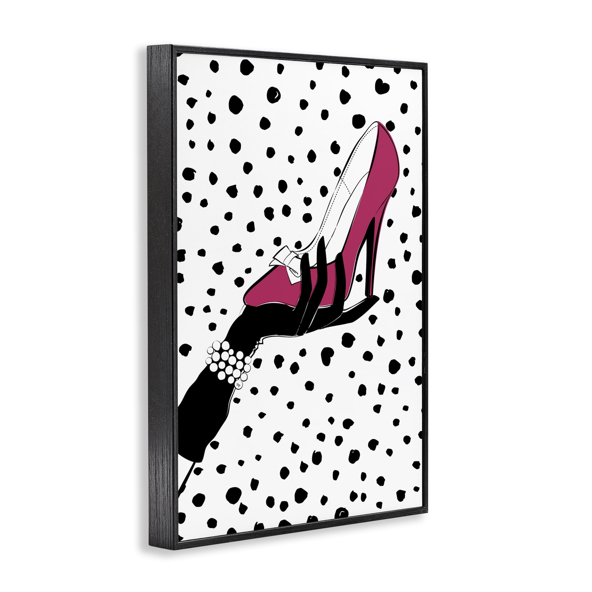 Stupell Industries Pink Shoe with Dots Beauty & Fashion Painting Black Framed Art Print Wall Art, 12 x 18