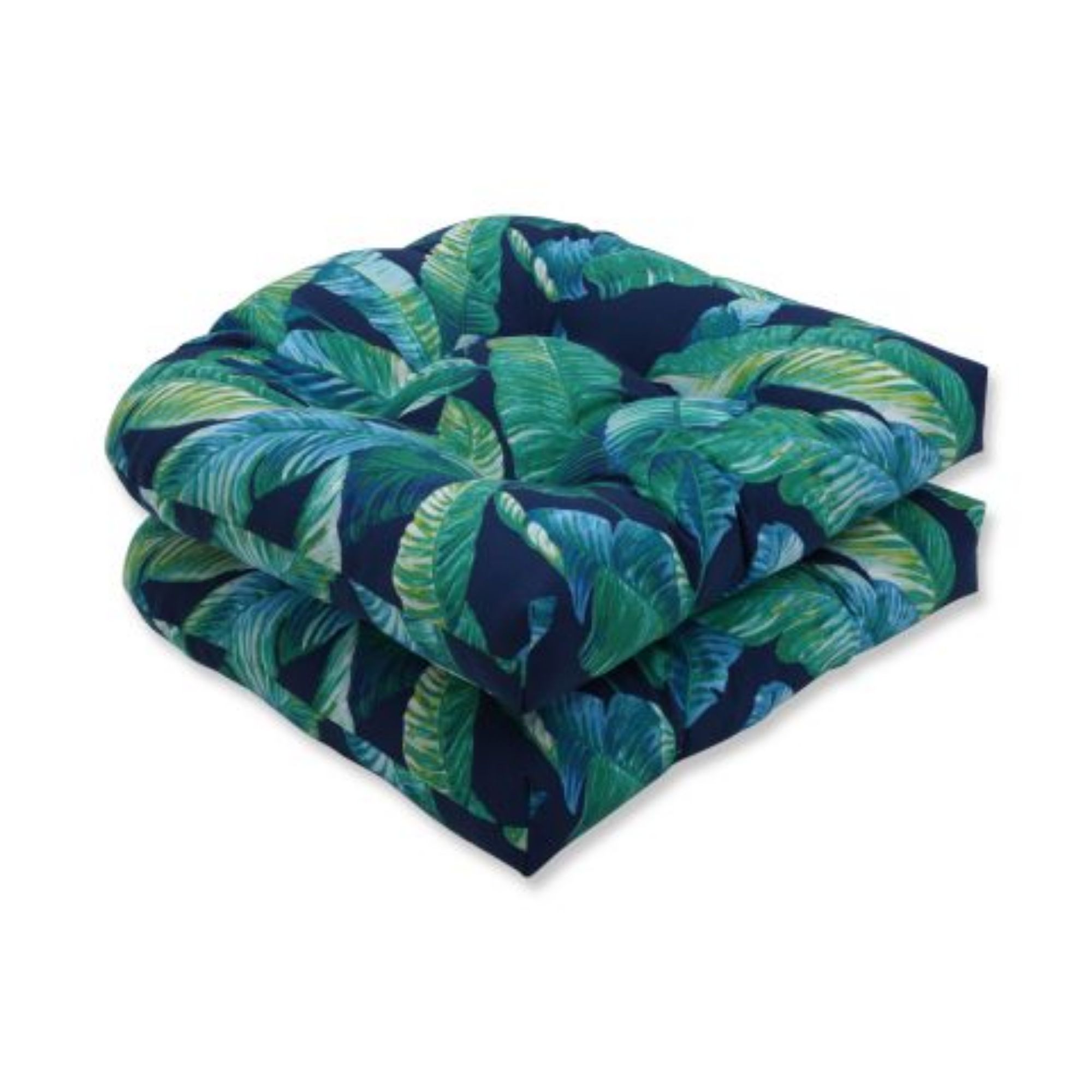 Set of 2 Blue and Green Tropical Outdoor Patio Tufted Wicker Seat Cushion 19"