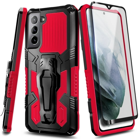 Nagebee Case for Samsung Galaxy S21 Plus with Screen Protector (Soft Full Coverage), Belt Clip [Built-in Kickstand], Dual Layer Full Body Shockproof Protective Rugged Defender Case (Red)