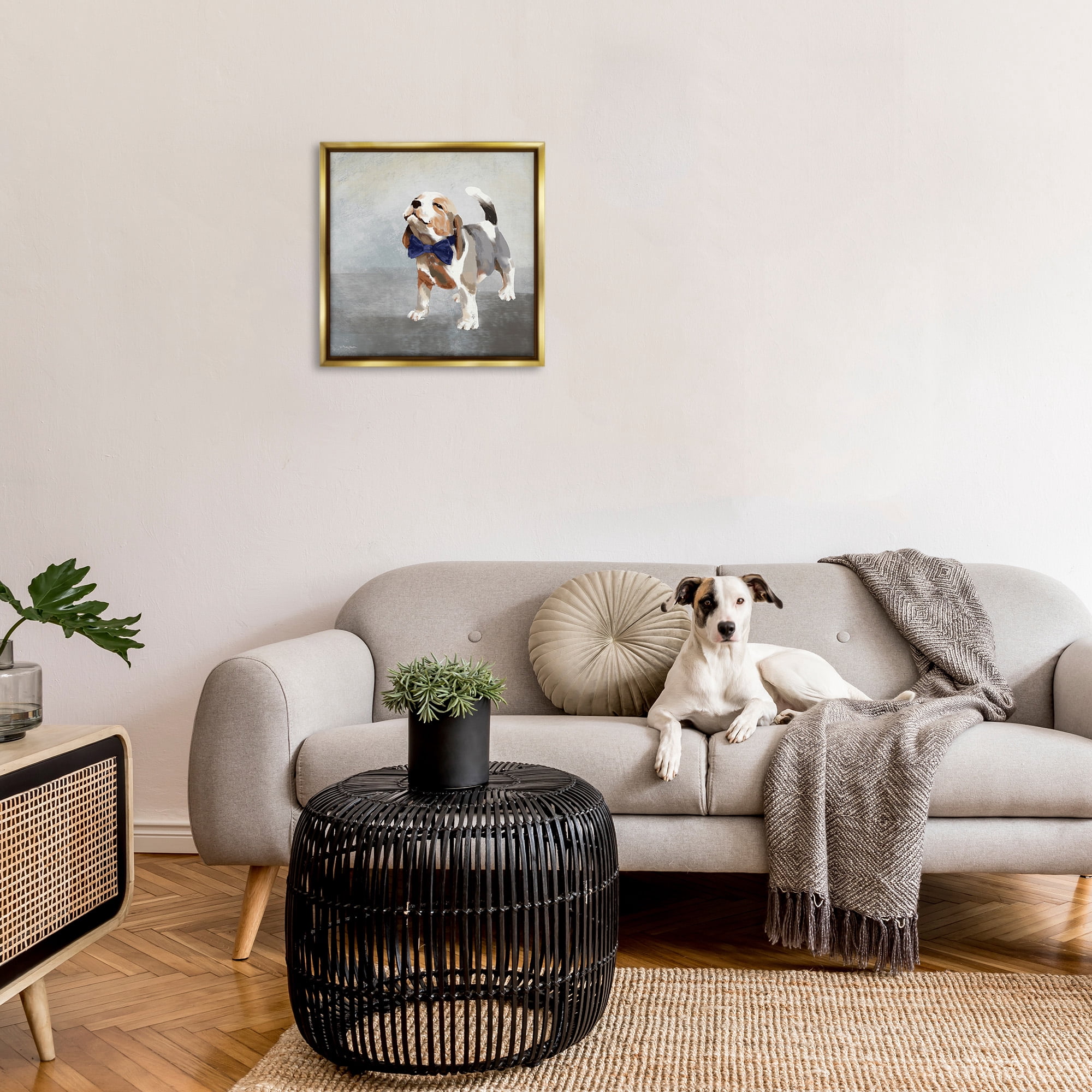 Stupell Industries Happy Beagle in Bowtie Animals & Insects Painting Gold Floater Framed Canvas Art Print Wall Art, 25 x 25