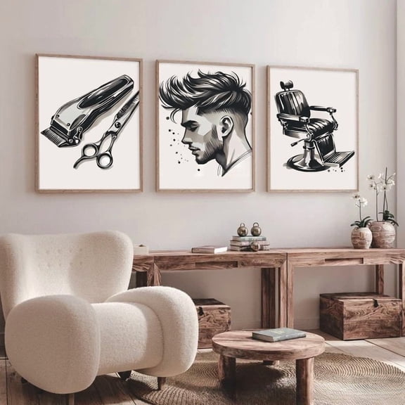 3pcs Vintage Hair Salon Canvas Art Set - Unframed Barber Shop Decor Featuring Hairdryer, Scissors, & Chair - Classic Black & White Design for Stylish Living Room & Bedroom
