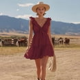 thumbnail image 7 of Women's Solid Color Sleeveless V Neck Mini Dress Ruffle Petal Sleeve Tiered Summer Dress Wine S(S), 7 of 7