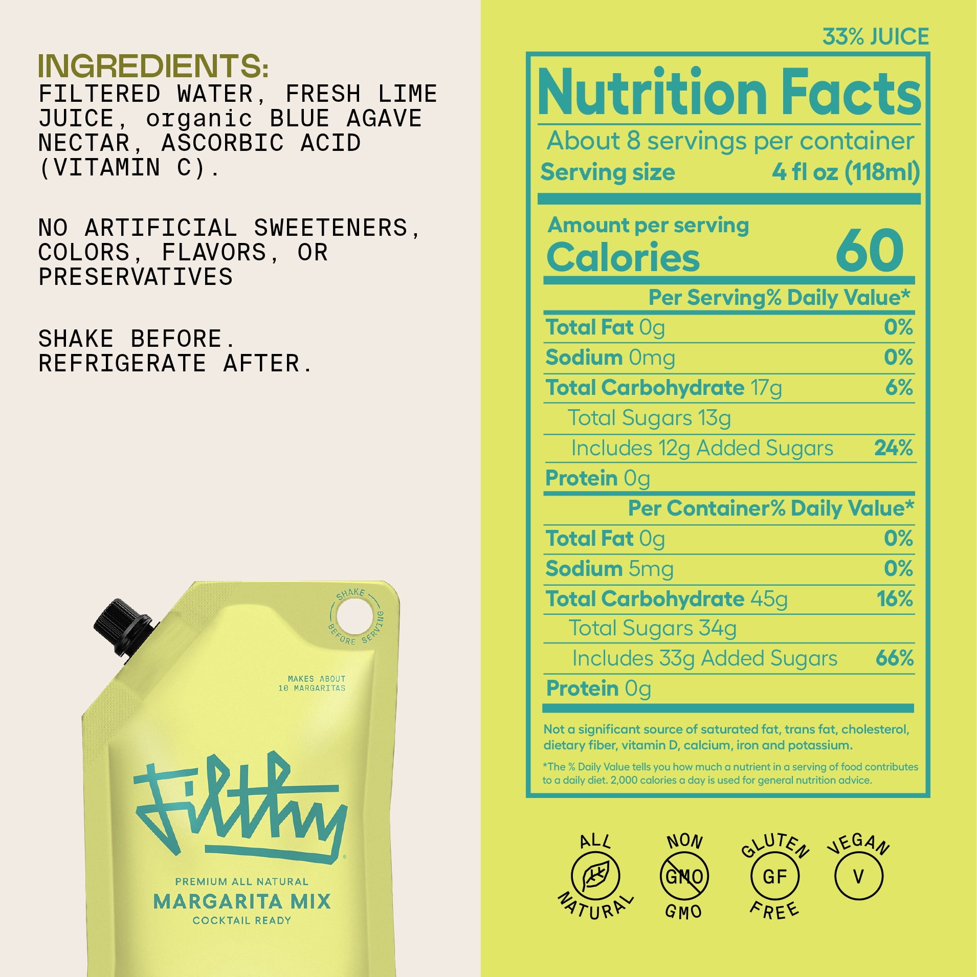 Filthy Margarita Mix Premium Cocktail Mixer, 32 fl oz Pouch (1-Pack)