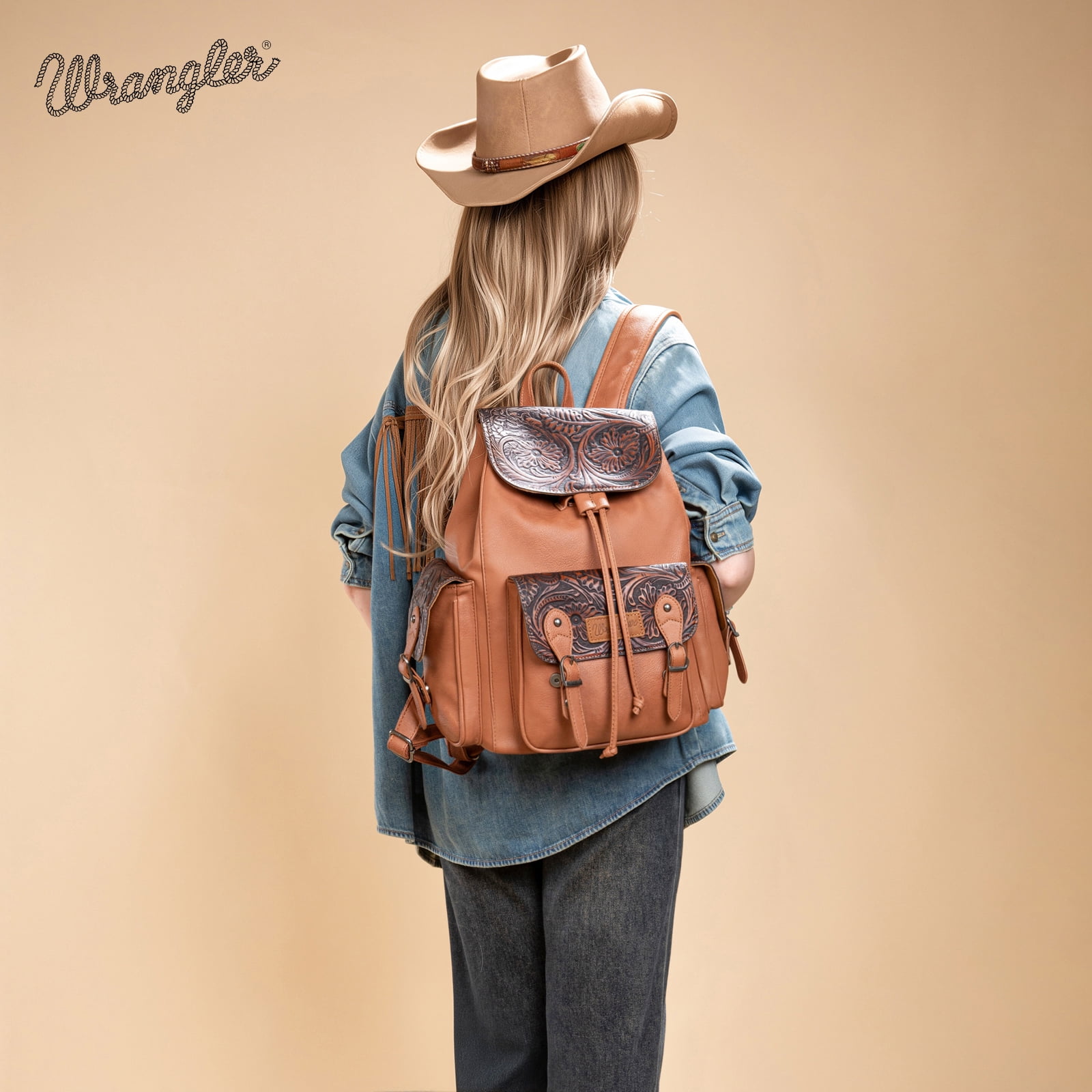 Wrangler Backpack Purse for Women Men Floral Tooled Designer Travel Bags, Brown