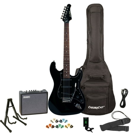 Sawtooth ES Series ST Style Electric Guitar Kit with Sawtooth 10 Watt Amp and ChromaCast Accessories, Black with Black