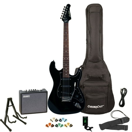 Sawtooth ES Series ST Style Electric Guitar Kit with Sawtooth 10 Watt Amp and ChromaCast Accessories, Black with Black (Best Electric Guitar Amp Under 200)