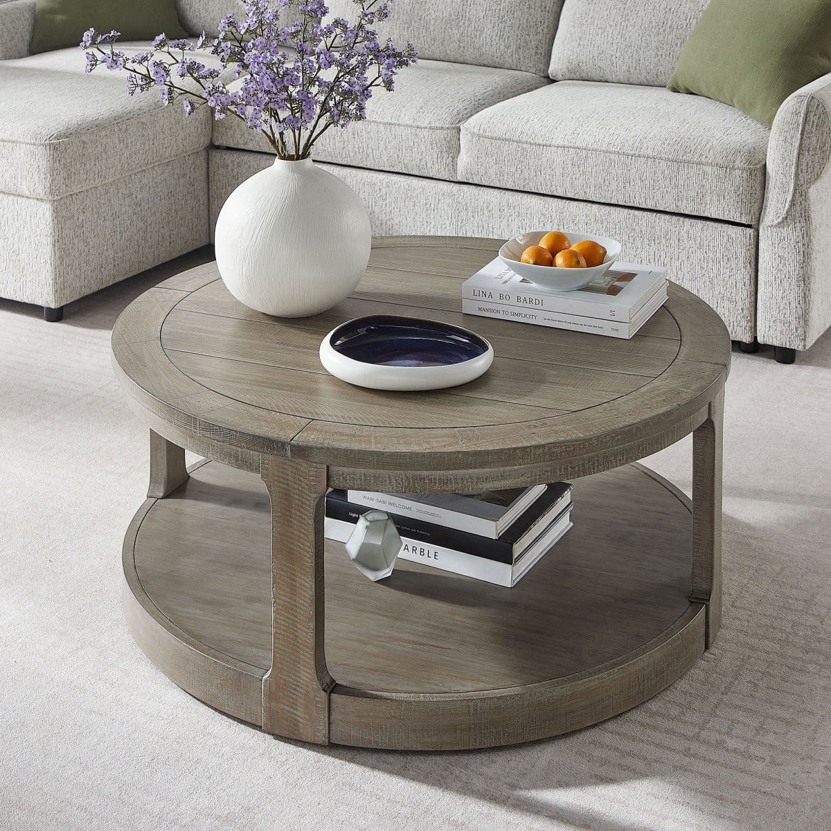 40inch Large Curved 2 Tier Traditional Round Circle Wooden Center Coffee Table,Rounded Table with Wheels,Mid Century Rustic Style Table for living Room,Office,Apartment,OAK