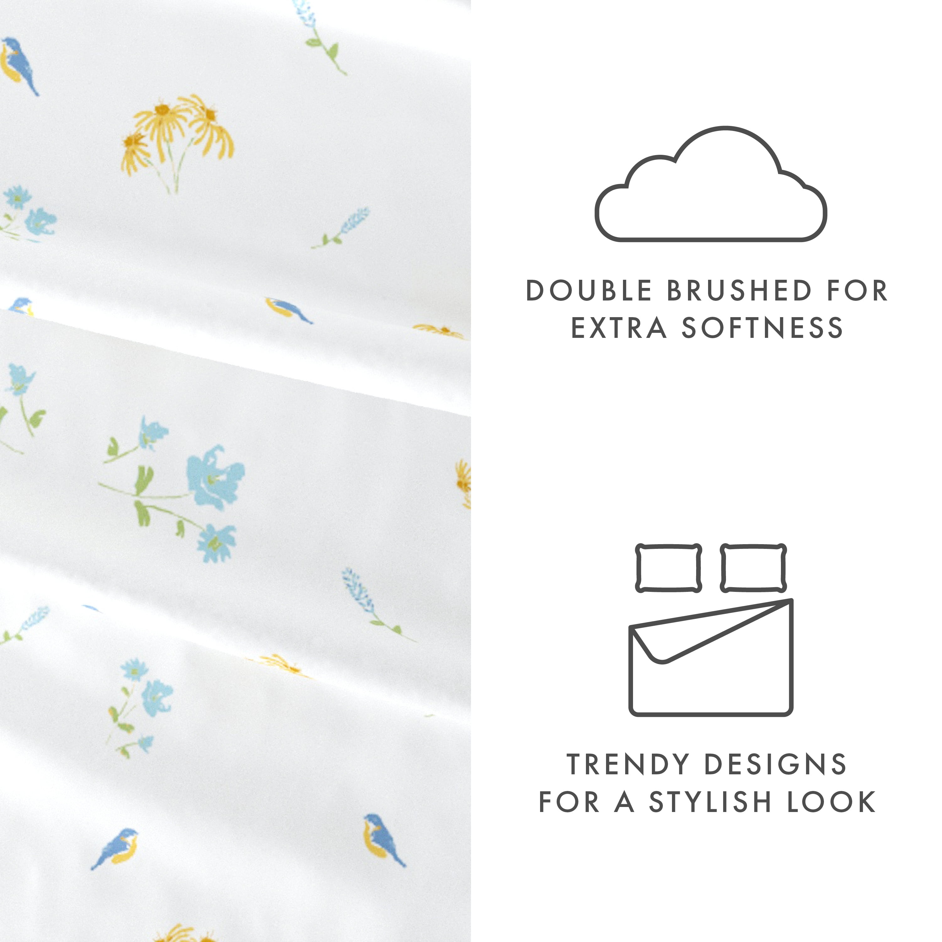Noble Linens 4 Piece Pattern Microfiber Bed Sheets Set, Light Blue Bluebirds, California King