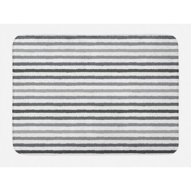 Striped Bath Mat, Gray and White Stripes Monochrome Tone Brush Style
