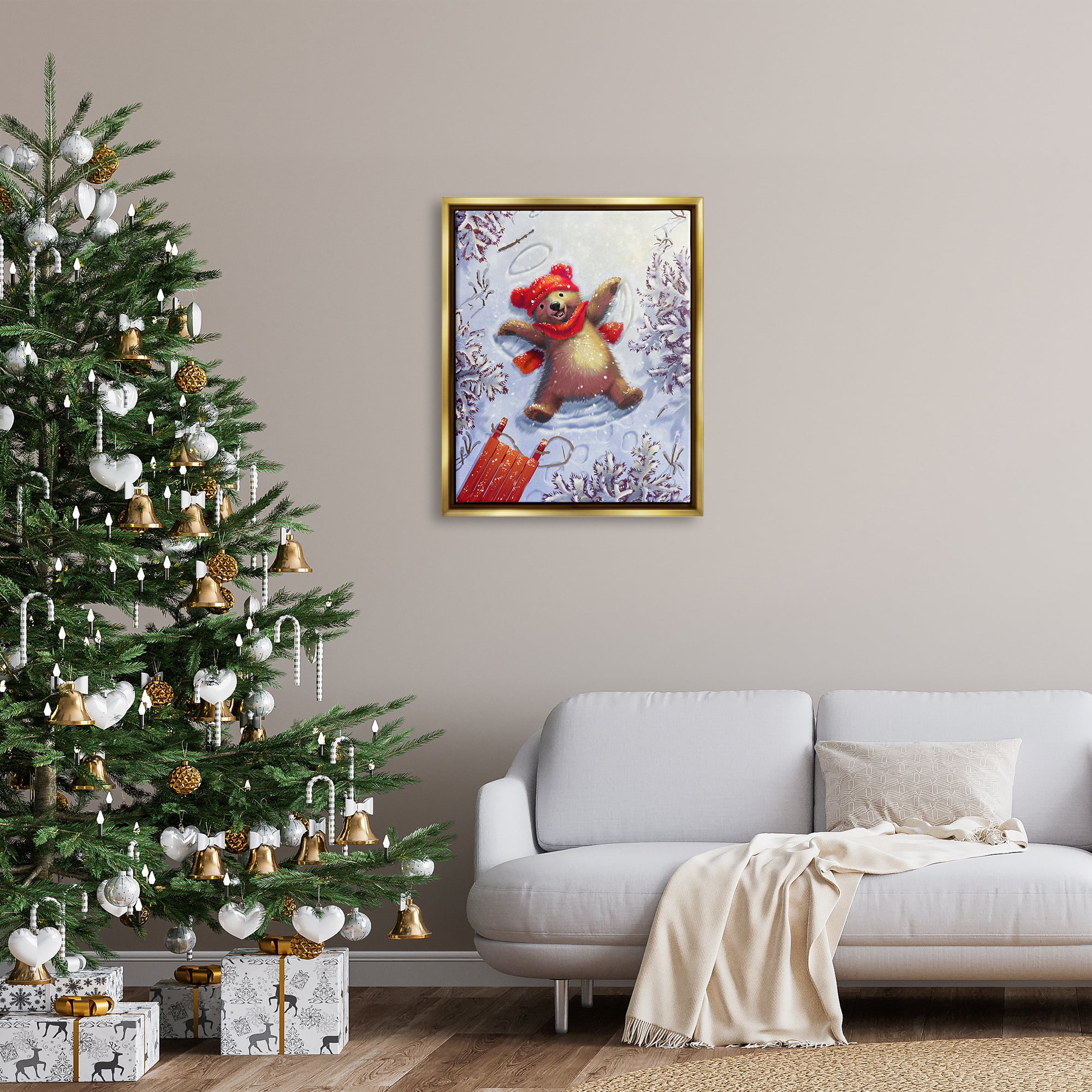 Stupell Industries Bear Cub Snow Angel Sled Holiday Painting Gold Floater Framed Art Print Wall Art