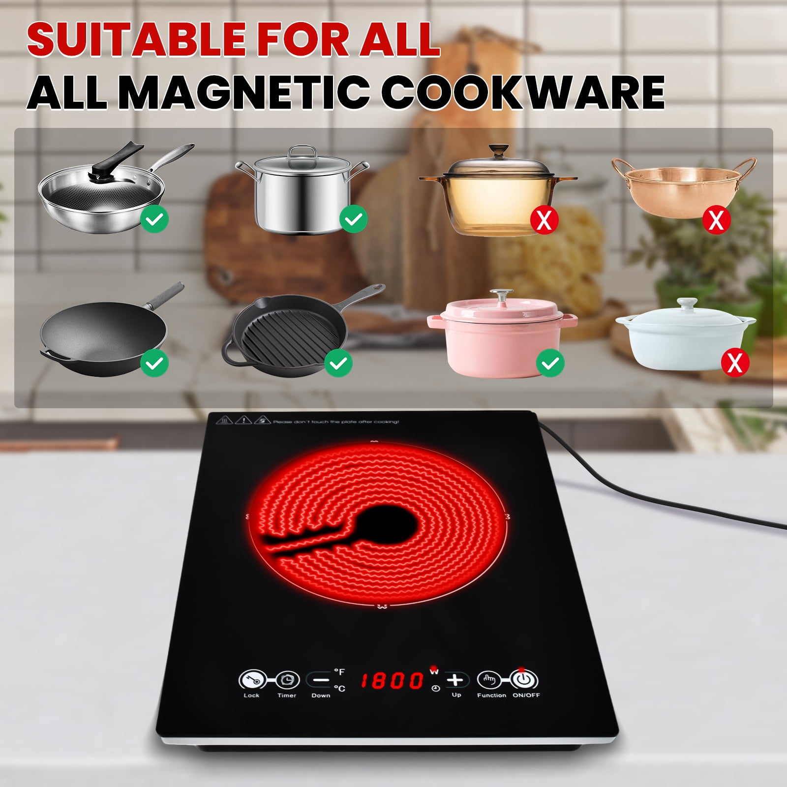 iMeshbean Portable Electric Cooktop Electric Stove Single Burner Ceramic Cooktop 1800W 110