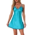 thumbnail image 1 of Noche de satén para mujer Inspire Chic, vestido de dormir mini con encaje en el escote en V y tirantes ajustables, color azul pavo real, 1 of 6