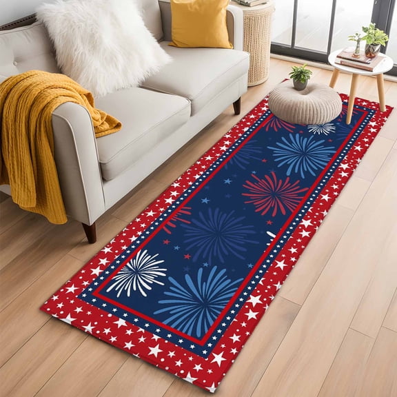 Runner Rug 2 x 6 Ft, Independence Day Washable Non-Slip Floor Mat for Kitchen Hallway/Entryway, Red Blue Fireworks Stars Flag Day Long Kitchen Runner Area Rugs for Living Room, Low-Profile