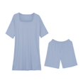 thumbnail image 6 of BLOCLOALO 2 Piece Lounge Set Short Sleeve Shirts Women's Casual Oversized Set with Square Collar Top Tight Shorts Set Blouse Tunic Tops Short Matching Sets Women Clothing Travel Outfits Light Blue M, 6 of 9