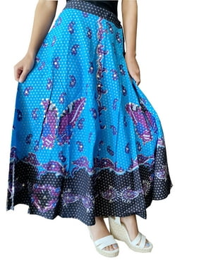 Mogul Women Maxi Skirt, Black Blue Printed Flare Beaded Bohemian Summer Fall Indi Skirts M
