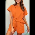 thumbnail image 4 of Conjunto de Pijama de 2 Piezas para Mujer, de Color Liso, con Cuello Redondo, Informal, de Tela Texturizada y Corta, Color Naranja, XXL, 4 of 7