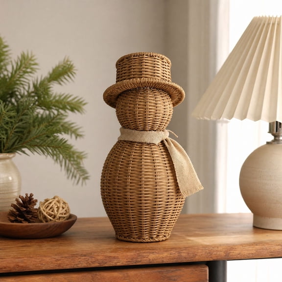 Hand Woven Rattan Snowman Figurine Decor, Imitation Wicker Snowman Statue with Top Hat and Scarf, Christmas Winter Home Decoration for Mantel and Shelf