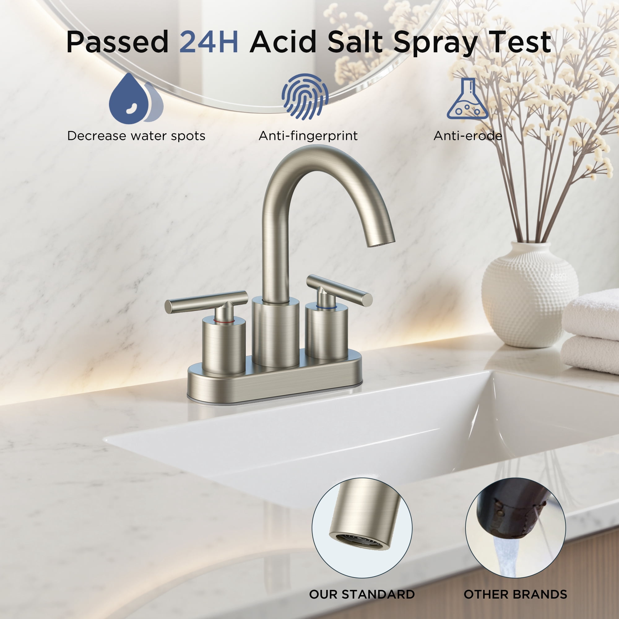 TVOFEK Bathroom Faucet 4 inch Centerset, Brushed Nickel 3 Hole Vanity Sink Faucet with Metal Pop up Drain, SUS316 Stainless Steel