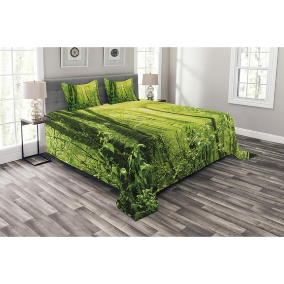 Ambesonne Nature Quilted Bedspread Set 3 Pcs, Tropical Amazon Forest, Queen Size, Forest Green Pale Green