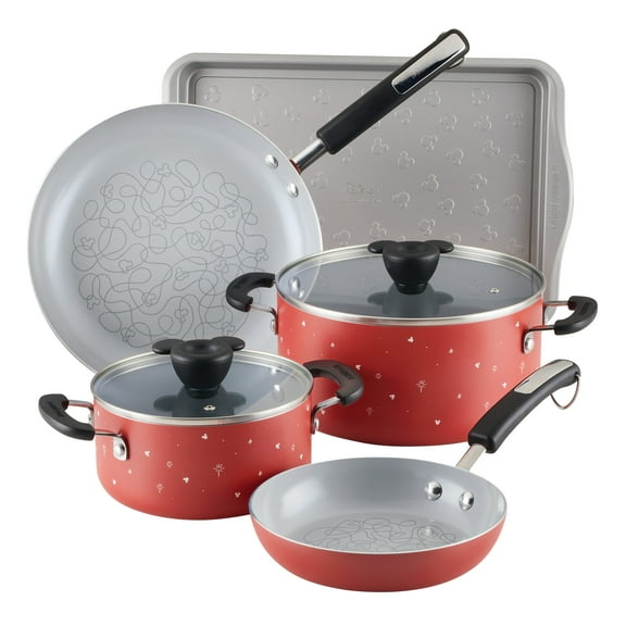 Farberware Disney Bon Voyage 7 Pcs Ceramic Nonstick Cookware Set with Cookie Pan / Baking Sheet Pan, Dishwasher Safe, Red