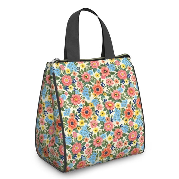 Pioneer Flower Floral Print Pattern Insulated Lunch Bag for Women Men, Large Portable Soft Cooler Tote, Thermal Food Storage Bag with Pearl Cotton, 8.66L, 8.75"x5.75"x9.5"
