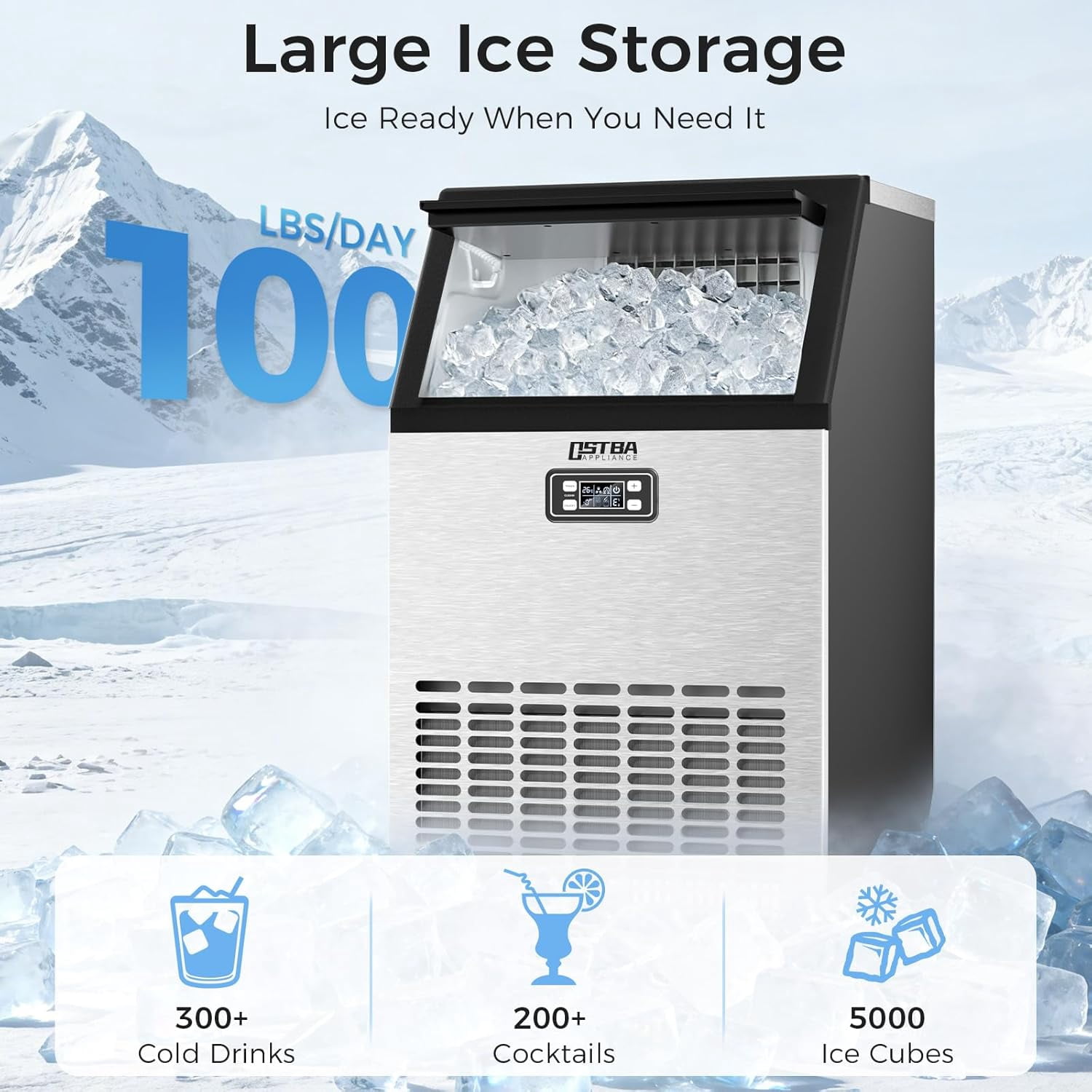 OSTBA Commercial Ice Maker, 100 LBS/24H Ice Machine, Under Counter & Freestanding Automatic Ice Maker, Self-Cleaning, LCD Display, ETL Certified for Bar, Restaurant & Commercial Use