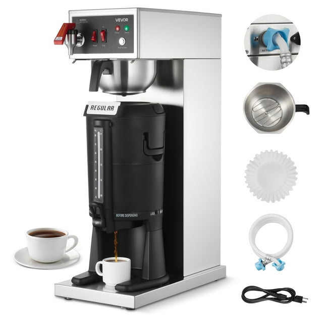 VEVOR Commercial Drip Coffee Maker, 16-17 Cups Machine with 2.5 L Thermal Carafe, Keep Warm for 4 Hours, Stainless Steel Brewer with Auto Water Filling