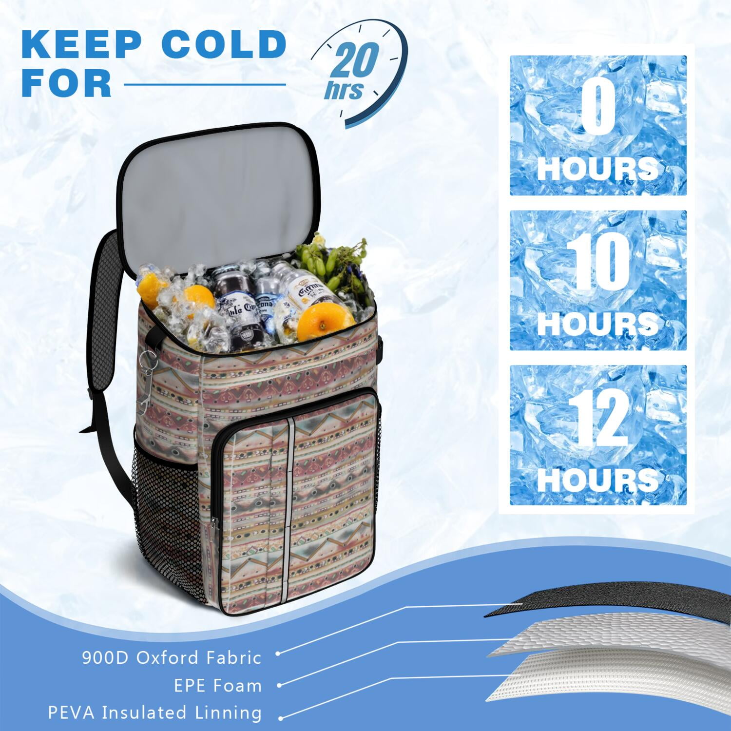 Travel Cooler Bag - Boho Bohemia Pioneer Flower Geometric Line Art Camping Beer Cooler Backpack with Bottle Opener- Waterproof Insulated Picnic Backpacks - Cooler Bag for Beach