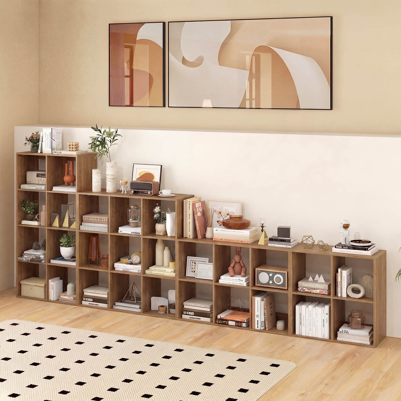 Costway 4-Cube Bookshelf, Modern Cubby Bookcase with Back Guardrail & Anti-tipping Kits Natural