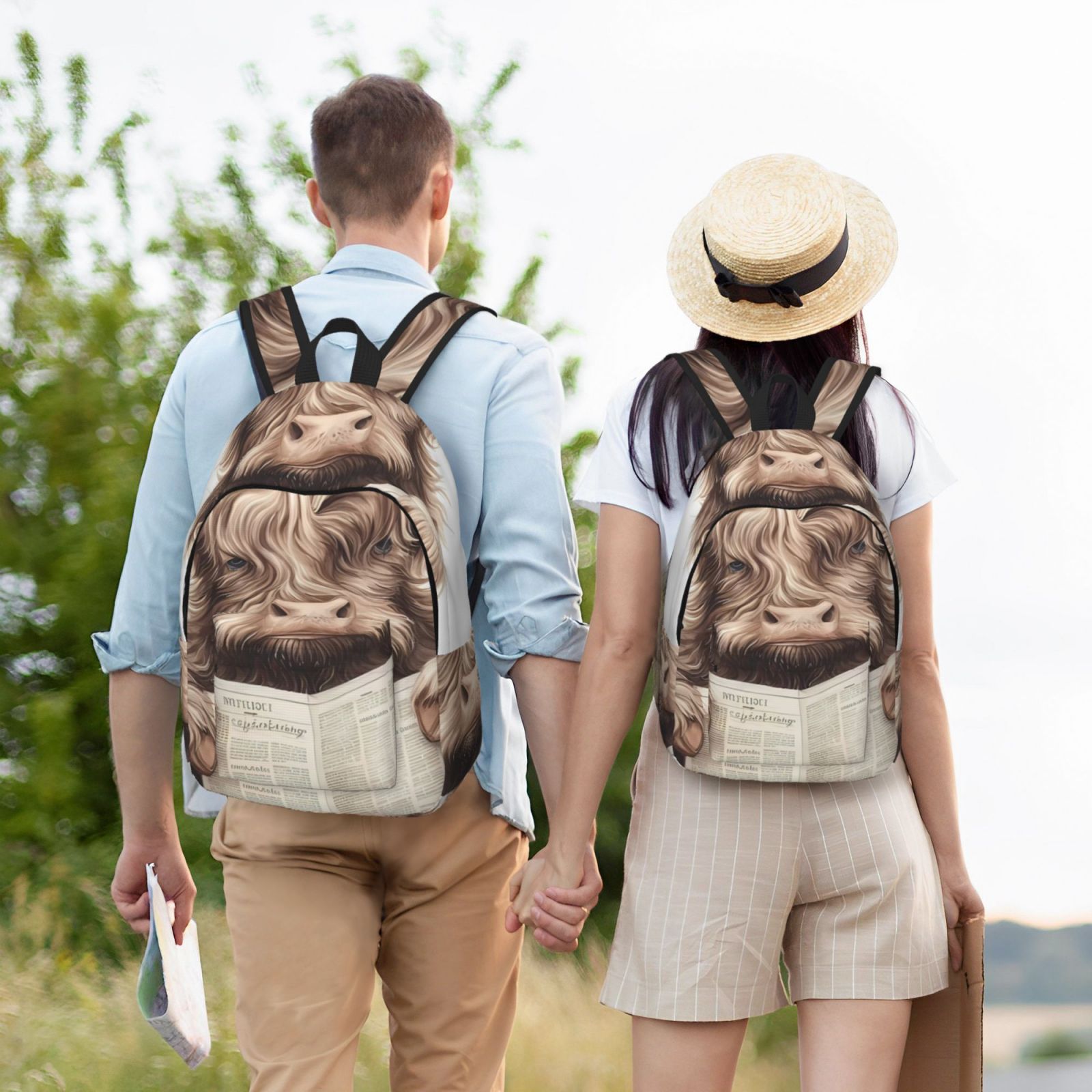 Ratiio Relaxed Cute Cow Reading Print Canvas Backpack for Women & Men Retro Aesthetic Rucksack Basic Backpack for High School/College Students Travel Laptop Bag