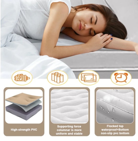 LHUAI, 19In Queen Air Mattress  With Headboard, High-Rise Inflatable Air Mattress With Built In Pump, 600lb Weight Capacity, For Guest Home Camping Travel, Grey