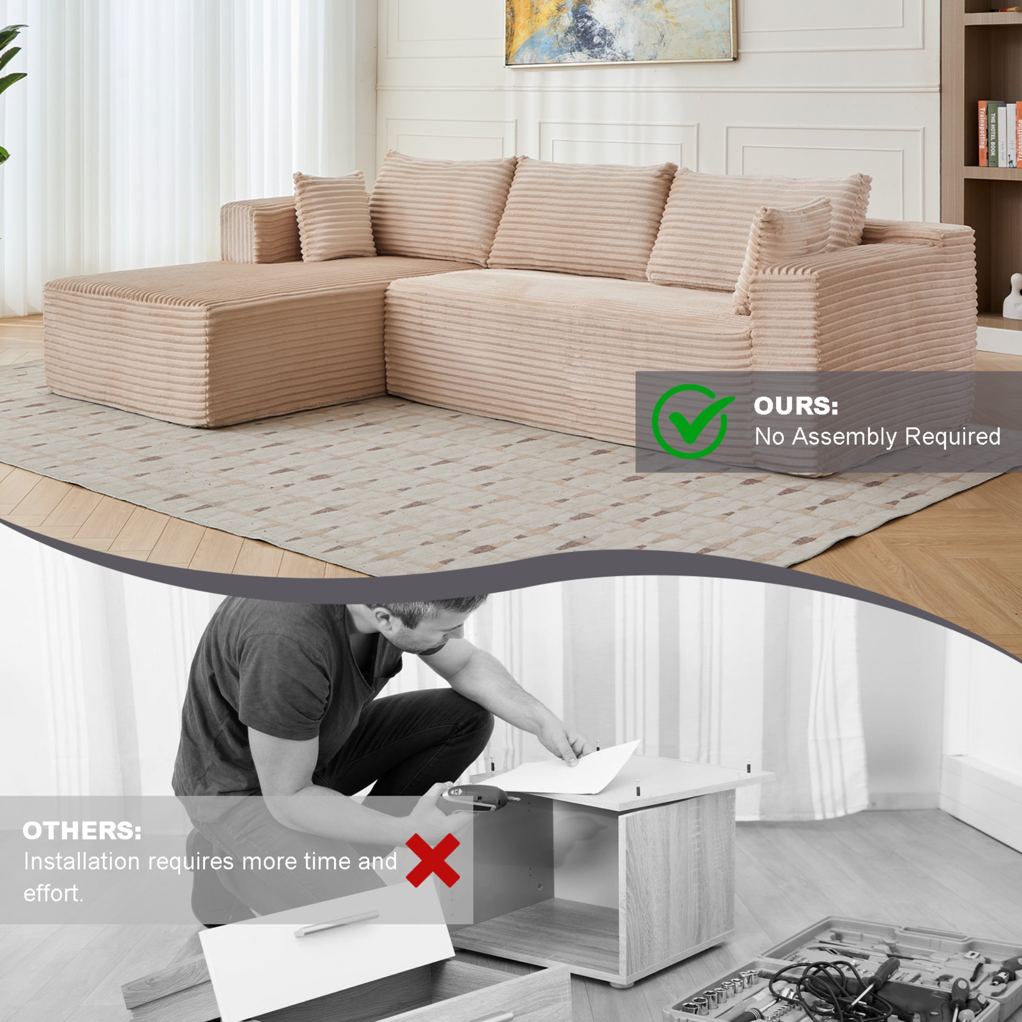 L-Shape Sectional Sofa Couch with Comfy Chaise,Modular Compression Sectional Couch with Deep Seat,Corduroy Sleeper Sofa Couches for Living Room Bedroom Apartment,Beige